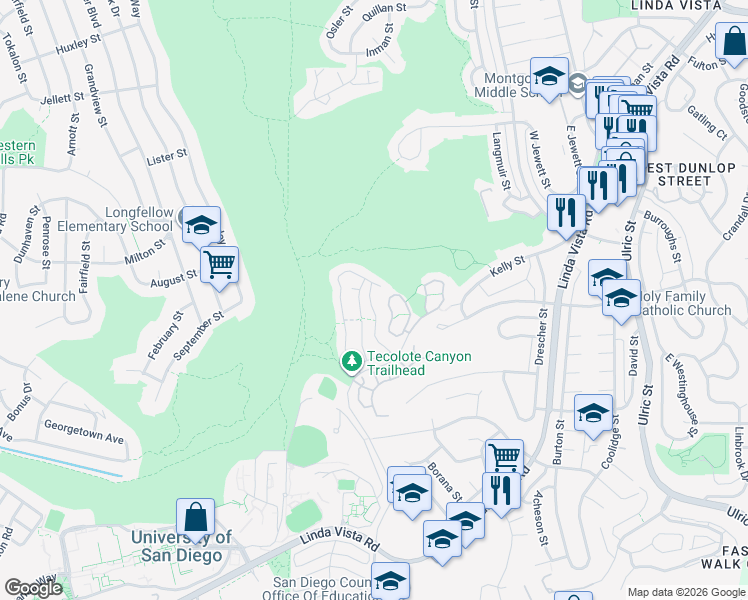 map of restaurants, bars, coffee shops, grocery stores, and more near 6340 Caminito Del Pastel in San Diego