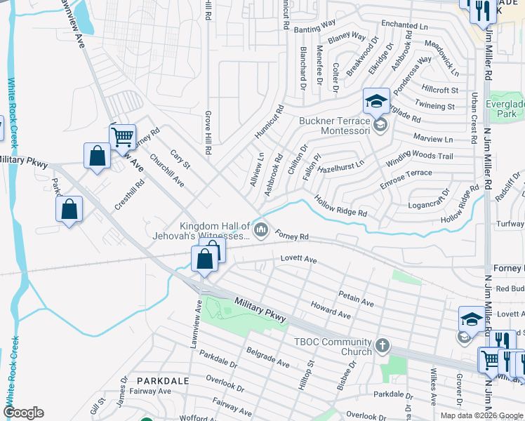 map of restaurants, bars, coffee shops, grocery stores, and more near 4602 Ashbrook Road in Dallas