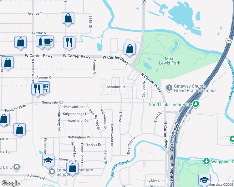 map of restaurants, bars, coffee shops, grocery stores, and more near 2413 Vega Street in Grand Prairie