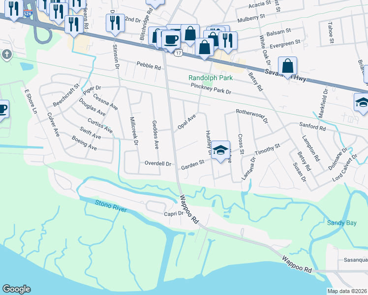 map of restaurants, bars, coffee shops, grocery stores, and more near 1757a Skinner Avenue in Charleston
