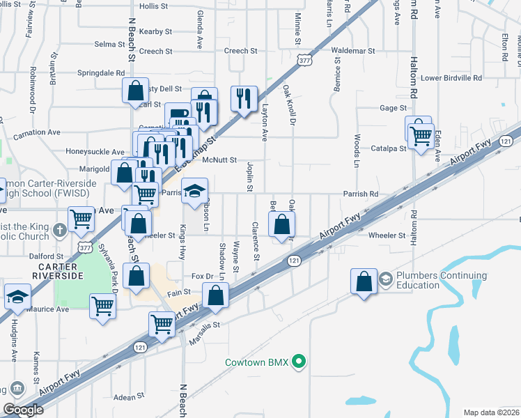 map of restaurants, bars, coffee shops, grocery stores, and more near 1324 Clarence Street in Haltom City