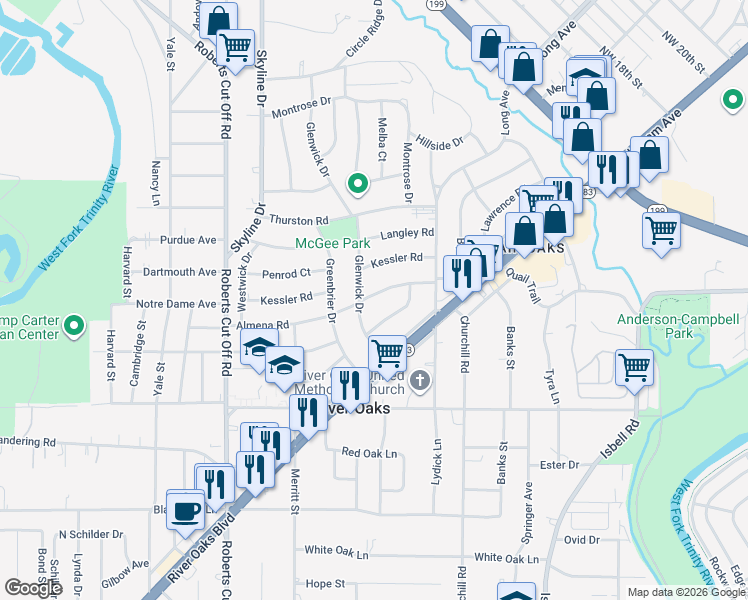 map of restaurants, bars, coffee shops, grocery stores, and more near 4913 Almena Road in River Oaks