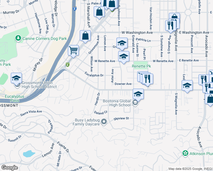 map of restaurants, bars, coffee shops, grocery stores, and more near 1075 Lemon Avenue in El Cajon