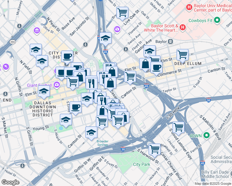 map of restaurants, bars, coffee shops, grocery stores, and more near 308 South Cesar Chavez Boulevard in Dallas