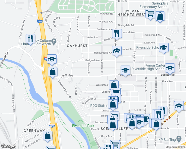 map of restaurants, bars, coffee shops, grocery stores, and more near 2315 Yucca Avenue in Fort Worth