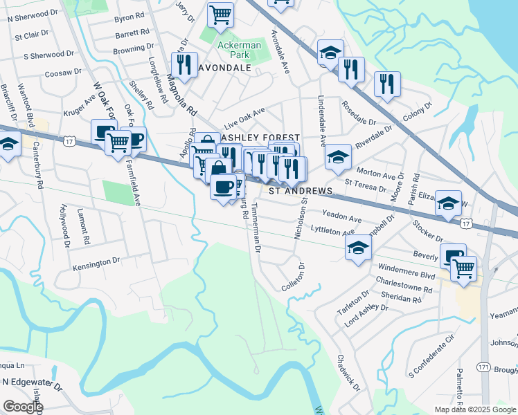 map of restaurants, bars, coffee shops, grocery stores, and more near 20 Timmerman Drive in Charleston