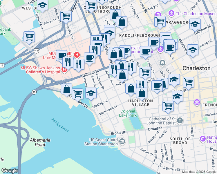 map of restaurants, bars, coffee shops, grocery stores, and more near 56 Gadsden Street in Charleston
