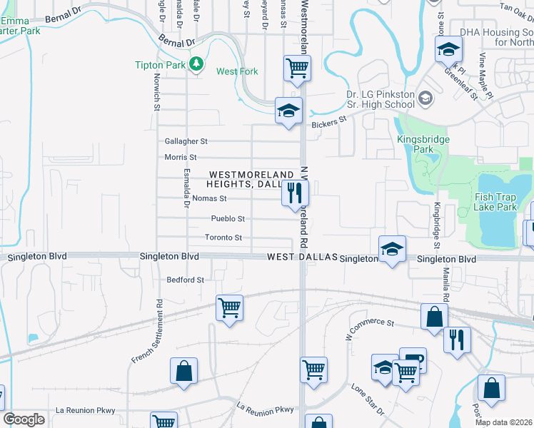 map of restaurants, bars, coffee shops, grocery stores, and more near 3415 Pueblo Street in Dallas