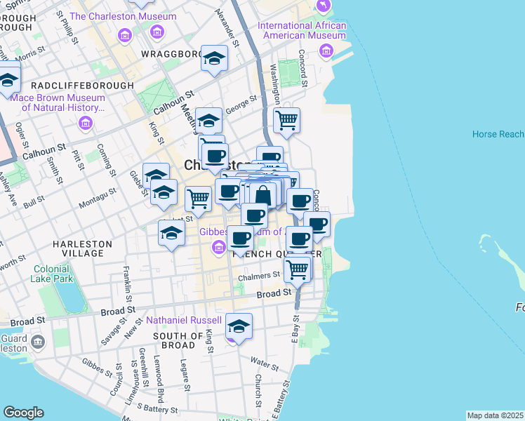 map of restaurants, bars, coffee shops, grocery stores, and more near 74 South Market Street in Charleston