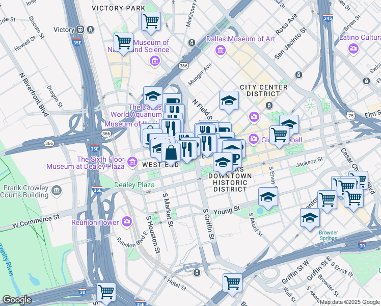 map of restaurants, bars, coffee shops, grocery stores, and more near 1015 Elm Street in Dallas