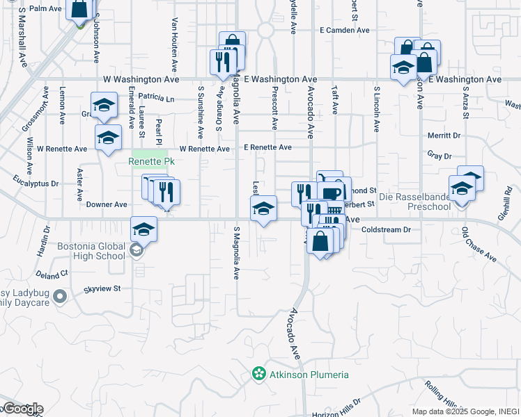 map of restaurants, bars, coffee shops, grocery stores, and more near 1053 Leslie Road in El Cajon