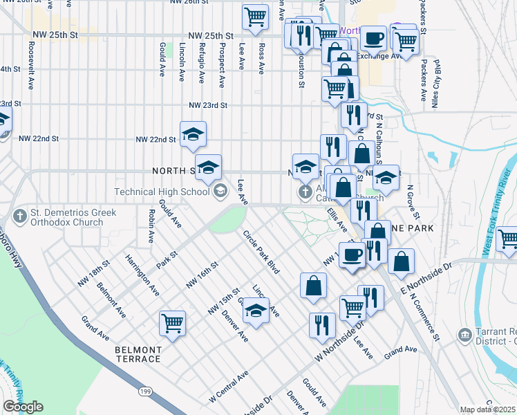 map of restaurants, bars, coffee shops, grocery stores, and more near 109 Northwest 20th Street in Fort Worth