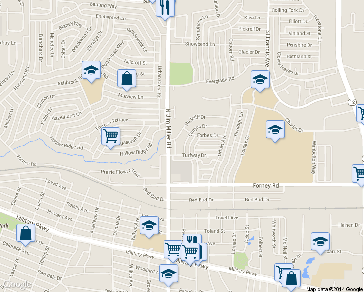 map of restaurants, bars, coffee shops, grocery stores, and more near 7013 Lanyon Drive in Dallas