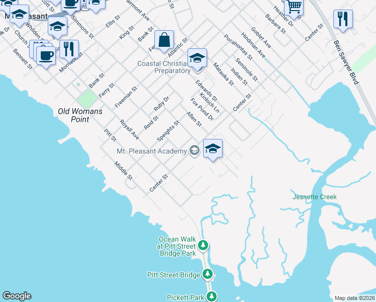 map of restaurants, bars, coffee shops, grocery stores, and more near 542 Center Street in Mount Pleasant