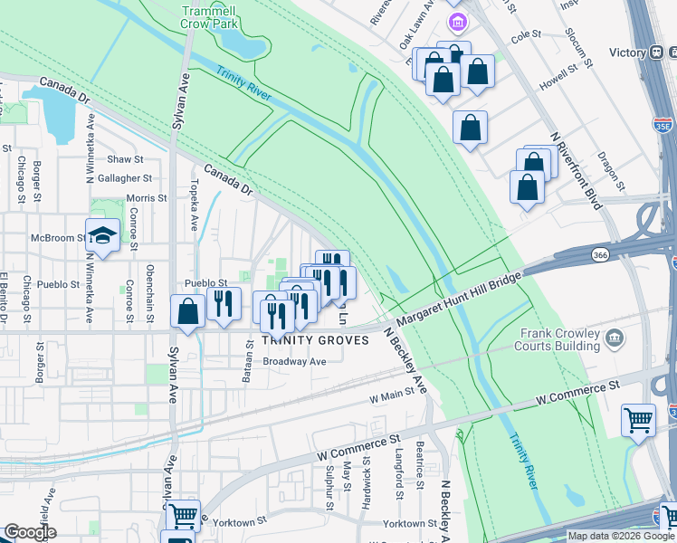 map of restaurants, bars, coffee shops, grocery stores, and more near 3127 Gulden Lane in Dallas