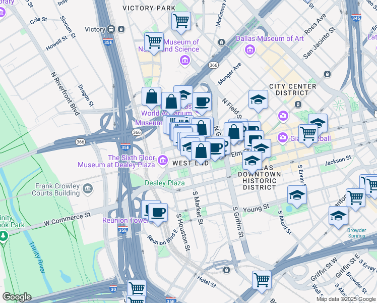 map of restaurants, bars, coffee shops, grocery stores, and more near 311 North Market Street in Dallas
