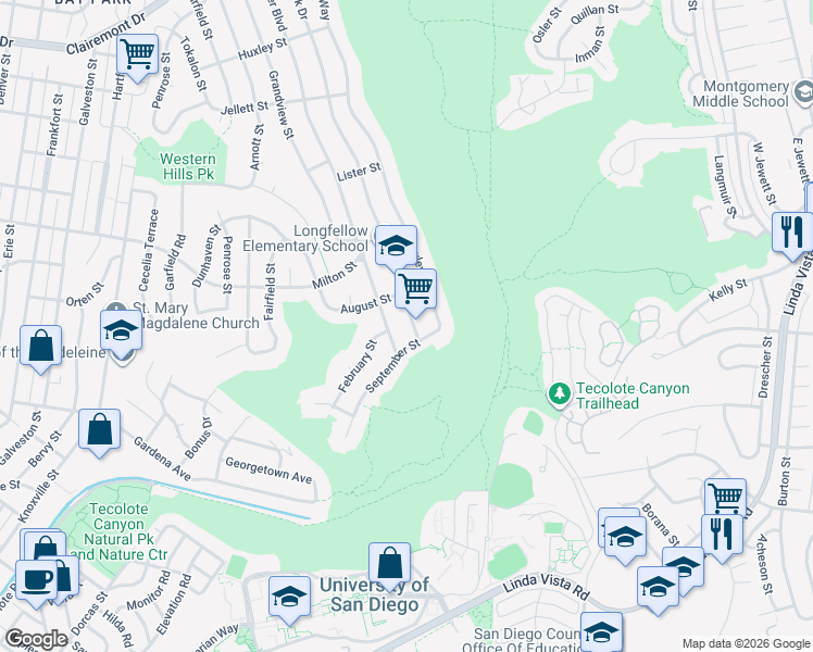 map of restaurants, bars, coffee shops, grocery stores, and more near 2126 Deerpark Drive in San Diego