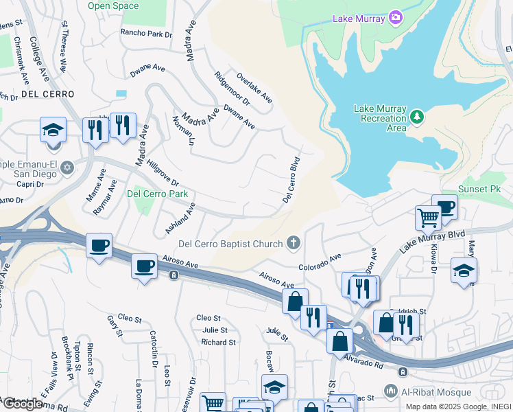 map of restaurants, bars, coffee shops, grocery stores, and more near 6727 Cavite Court in San Diego