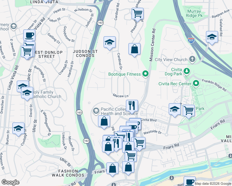 map of restaurants, bars, coffee shops, grocery stores, and more near 2012 Cardinal Drive in San Diego