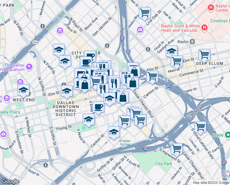 map of restaurants, bars, coffee shops, grocery stores, and more near 2012a Commerce Street in Dallas