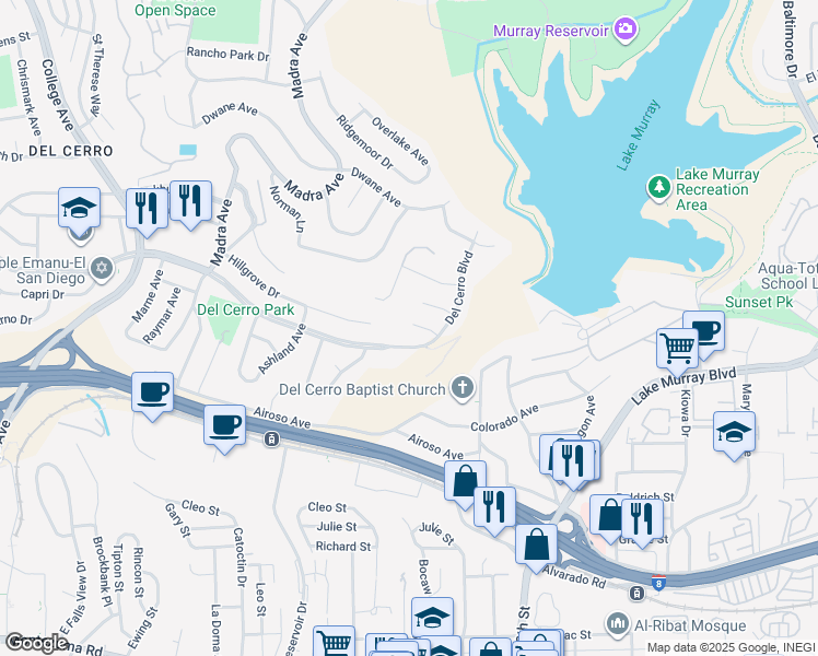 map of restaurants, bars, coffee shops, grocery stores, and more near 6727 Cavite Court in San Diego