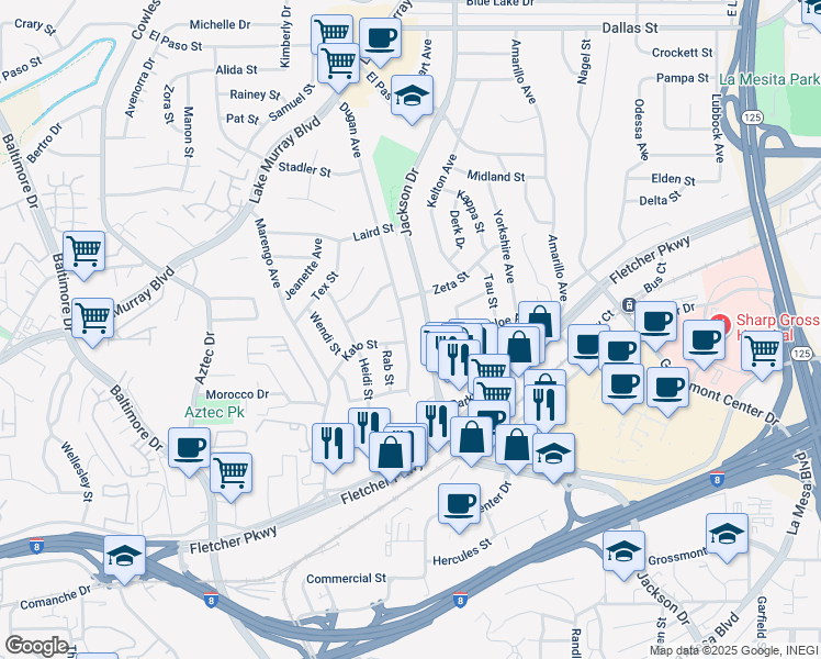map of restaurants, bars, coffee shops, grocery stores, and more near 5635 Dugan Avenue in La Mesa