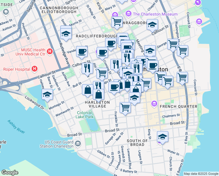 map of restaurants, bars, coffee shops, grocery stores, and more near 122 Wentworth Street in Charleston
