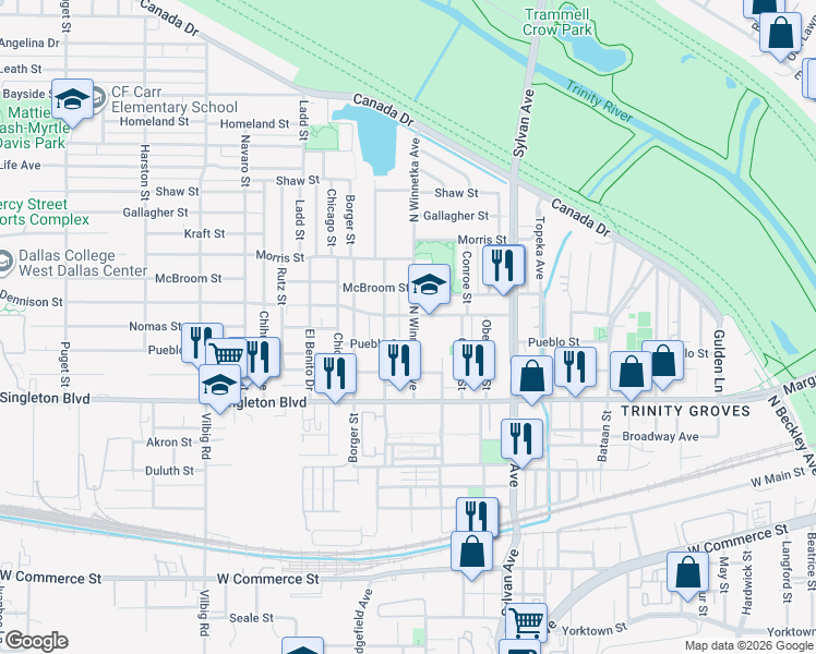 map of restaurants, bars, coffee shops, grocery stores, and more near 3215 North Winnetka Avenue in Dallas