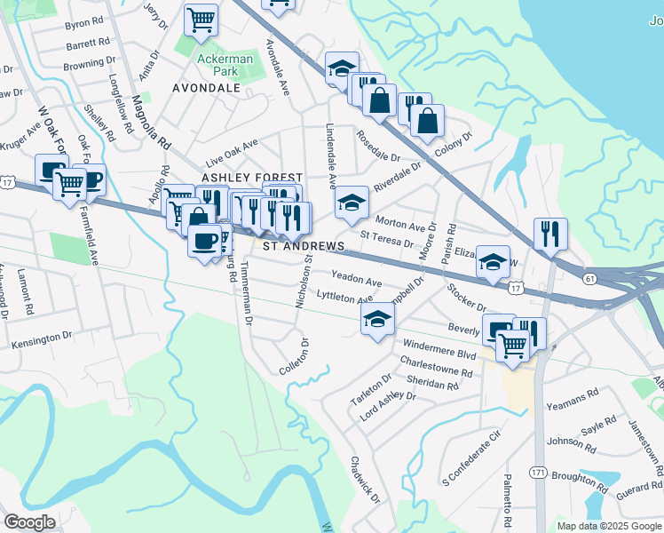 map of restaurants, bars, coffee shops, grocery stores, and more near 12 Yeadon Avenue in Charleston