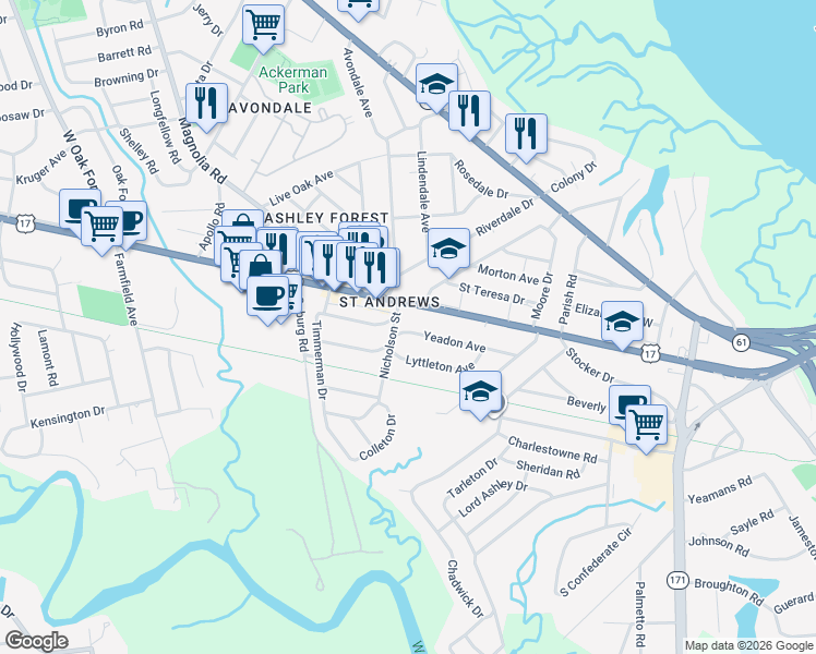 map of restaurants, bars, coffee shops, grocery stores, and more near 4 Yeadon Avenue in Charleston