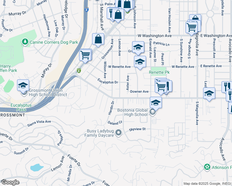 map of restaurants, bars, coffee shops, grocery stores, and more near 1075 Lemon Avenue in El Cajon