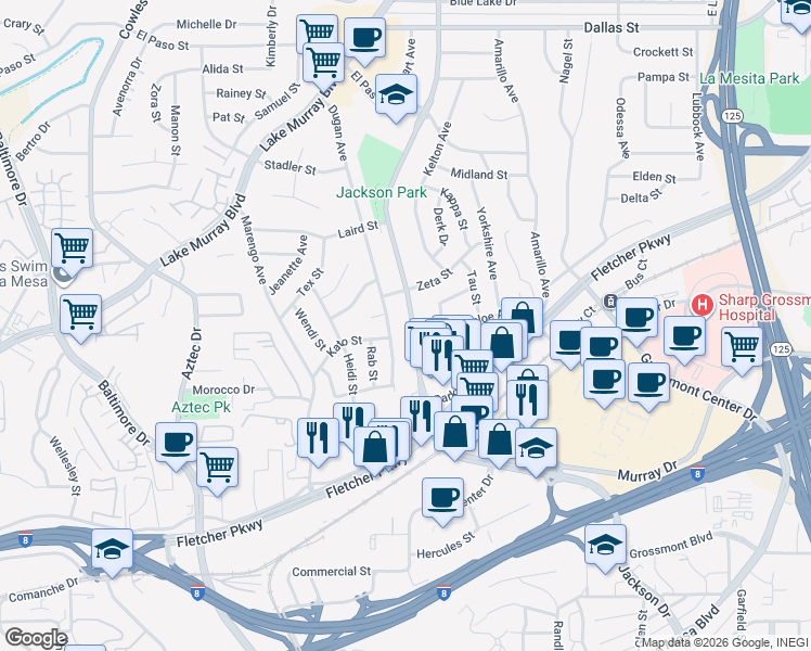map of restaurants, bars, coffee shops, grocery stores, and more near 5635 Dugan Avenue in La Mesa