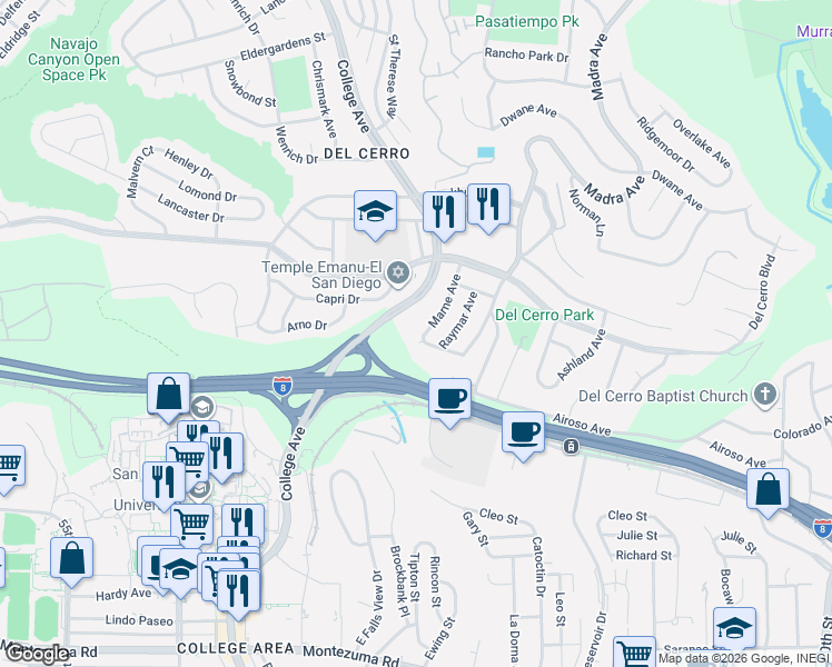 map of restaurants, bars, coffee shops, grocery stores, and more near 5608 Marne Avenue in San Diego