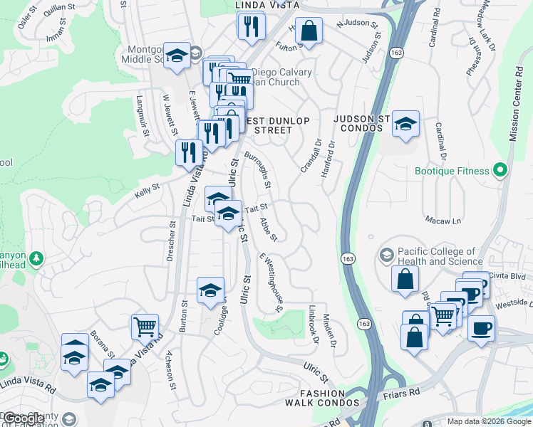 map of restaurants, bars, coffee shops, grocery stores, and more near 2026 Abbe Street in San Diego