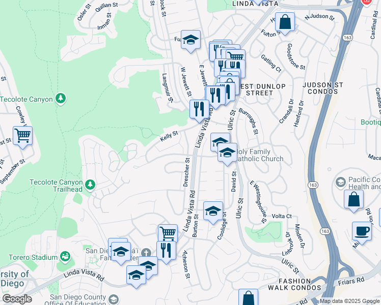map of restaurants, bars, coffee shops, grocery stores, and more near 6810 Tait Street in San Diego