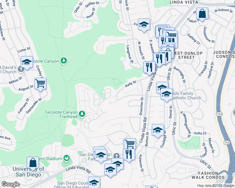 map of restaurants, bars, coffee shops, grocery stores, and more near 6522 Kelly Street in San Diego