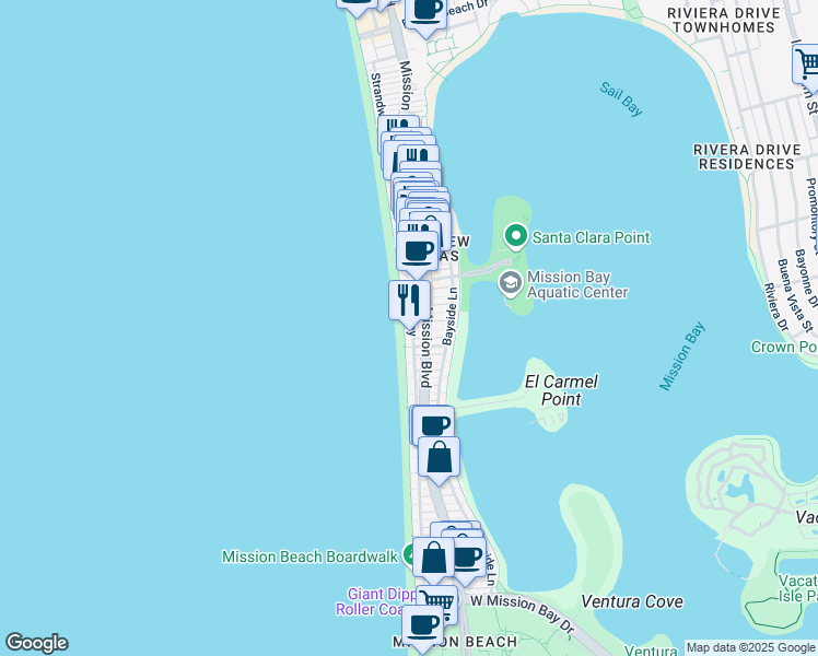 map of restaurants, bars, coffee shops, grocery stores, and more near 3633 Ocean Front Walk in San Diego