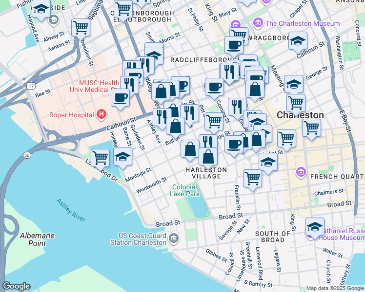 map of restaurants, bars, coffee shops, grocery stores, and more near 97 Rutledge Avenue in Charleston
