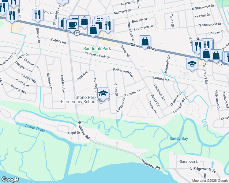 map of restaurants, bars, coffee shops, grocery stores, and more near 1674 Garden Street in Charleston