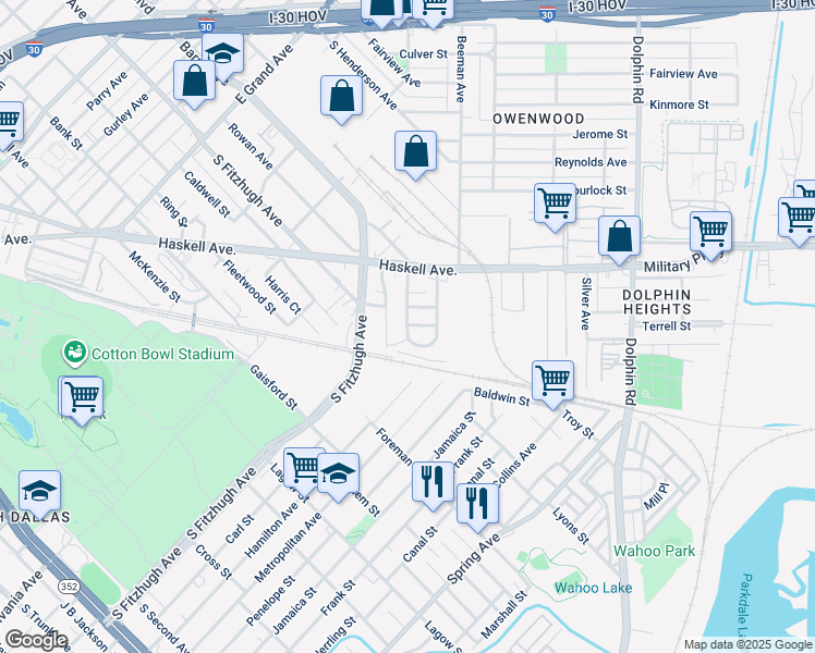 map of restaurants, bars, coffee shops, grocery stores, and more near 4422 Helen Street in Dallas
