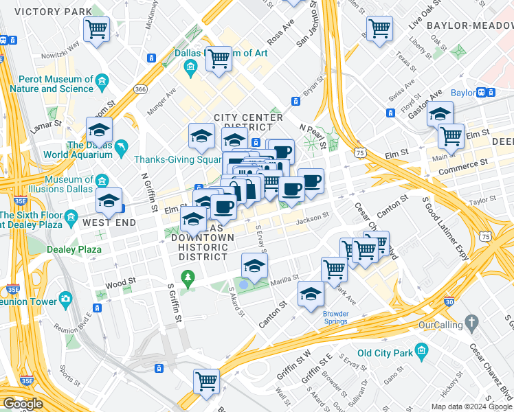 map of restaurants, bars, coffee shops, grocery stores, and more near in Dallas