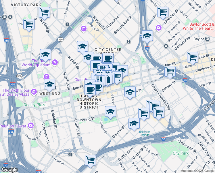 map of restaurants, bars, coffee shops, grocery stores, and more near 1607 Main Street in Dallas
