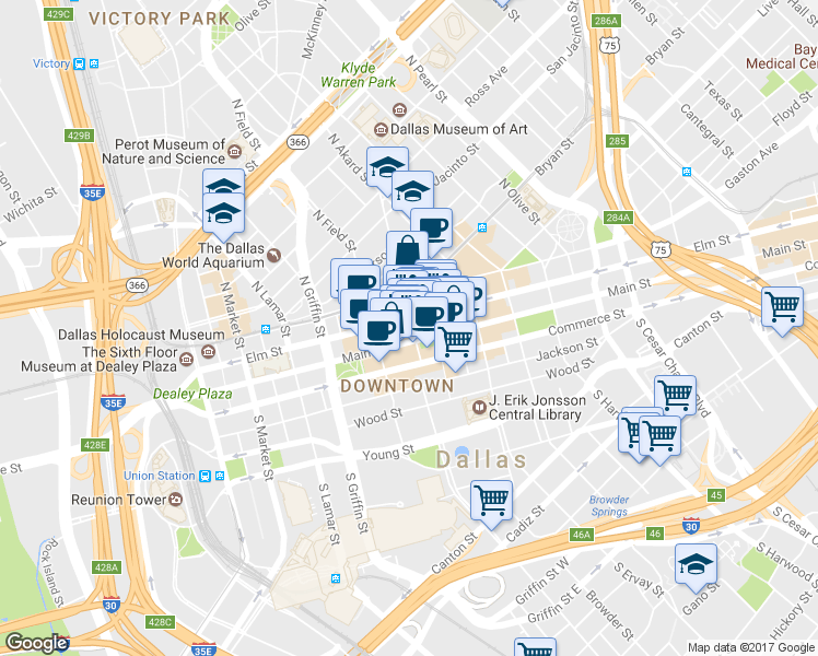 map of restaurants, bars, coffee shops, grocery stores, and more near in Dallas