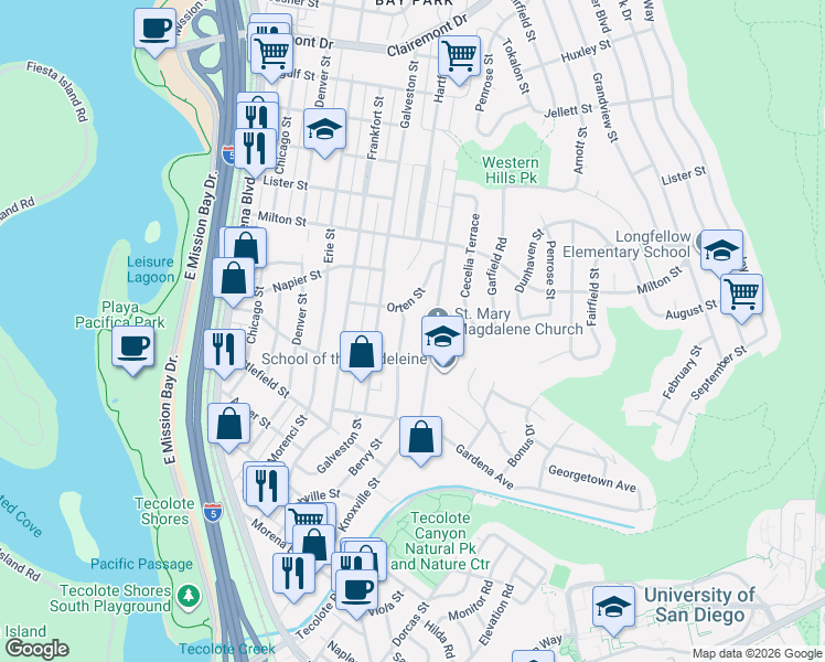 map of restaurants, bars, coffee shops, grocery stores, and more near 1973 Magdalene Way in San Diego