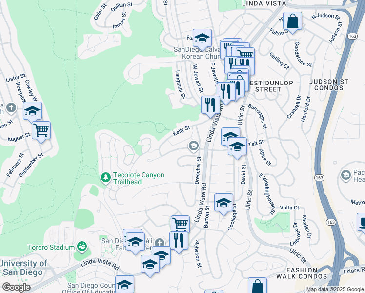 map of restaurants, bars, coffee shops, grocery stores, and more near 6704 Tait Street in San Diego
