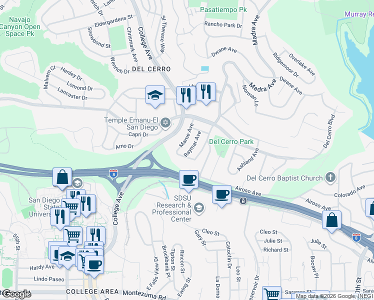 map of restaurants, bars, coffee shops, grocery stores, and more near 5618 Raymar Avenue in San Diego