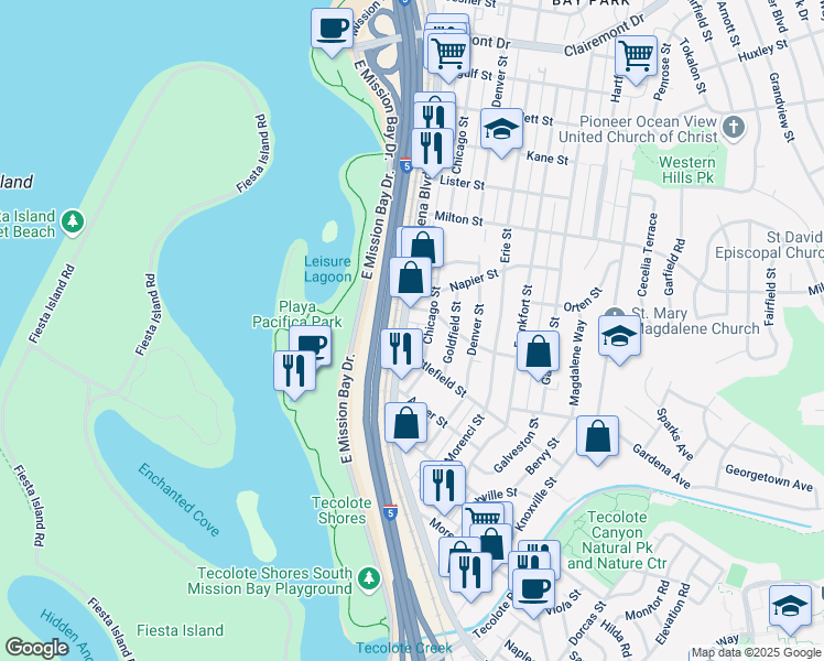 map of restaurants, bars, coffee shops, grocery stores, and more near 1935 Morena Boulevard in San Diego