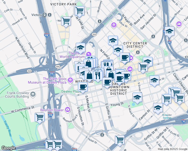 map of restaurants, bars, coffee shops, grocery stores, and more near 900 Pacific Avenue in Dallas