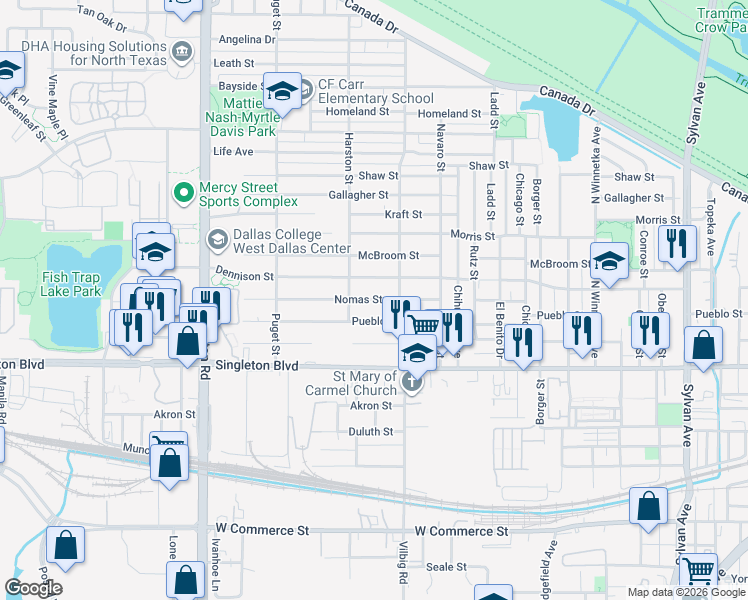 map of restaurants, bars, coffee shops, grocery stores, and more near 1818 Nomas Street in Dallas