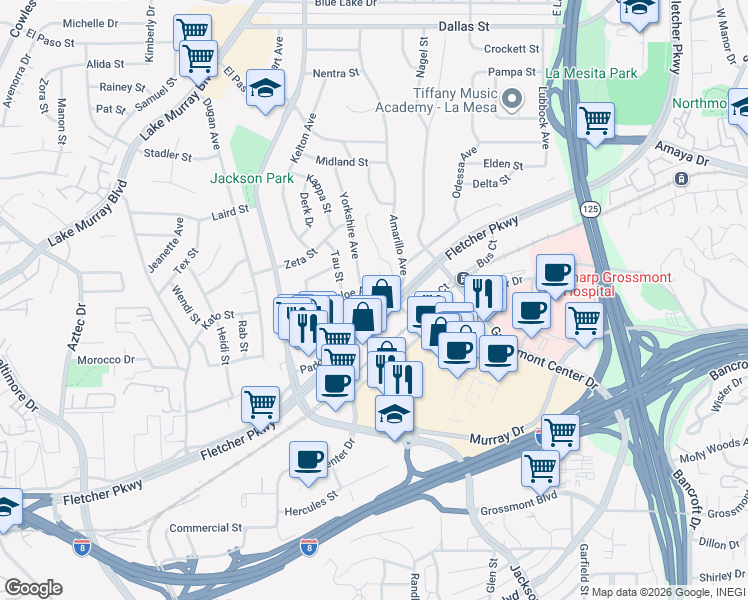 map of restaurants, bars, coffee shops, grocery stores, and more near 8515 Chloe Avenue in La Mesa